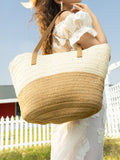 The Straw-Block Tote Bag - Khaki Brown:Off-White
