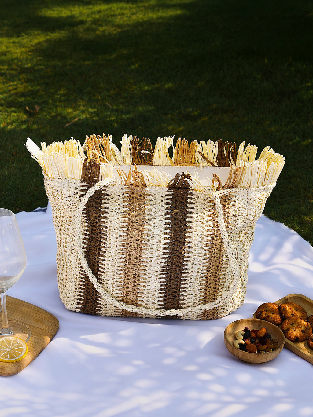 Haute Sauce The Straw-Striped Tote Bag - Ecru Beige:Mocha Brown
