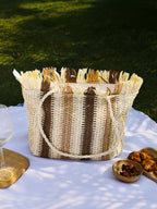 Haute Sauce The Straw-Striped Tote Bag - Ecru Beige:Mocha Brown
