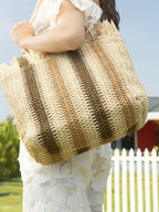 Haute Sauce The Straw-Striped Tote Bag - Ecru Beige:Mocha Brown