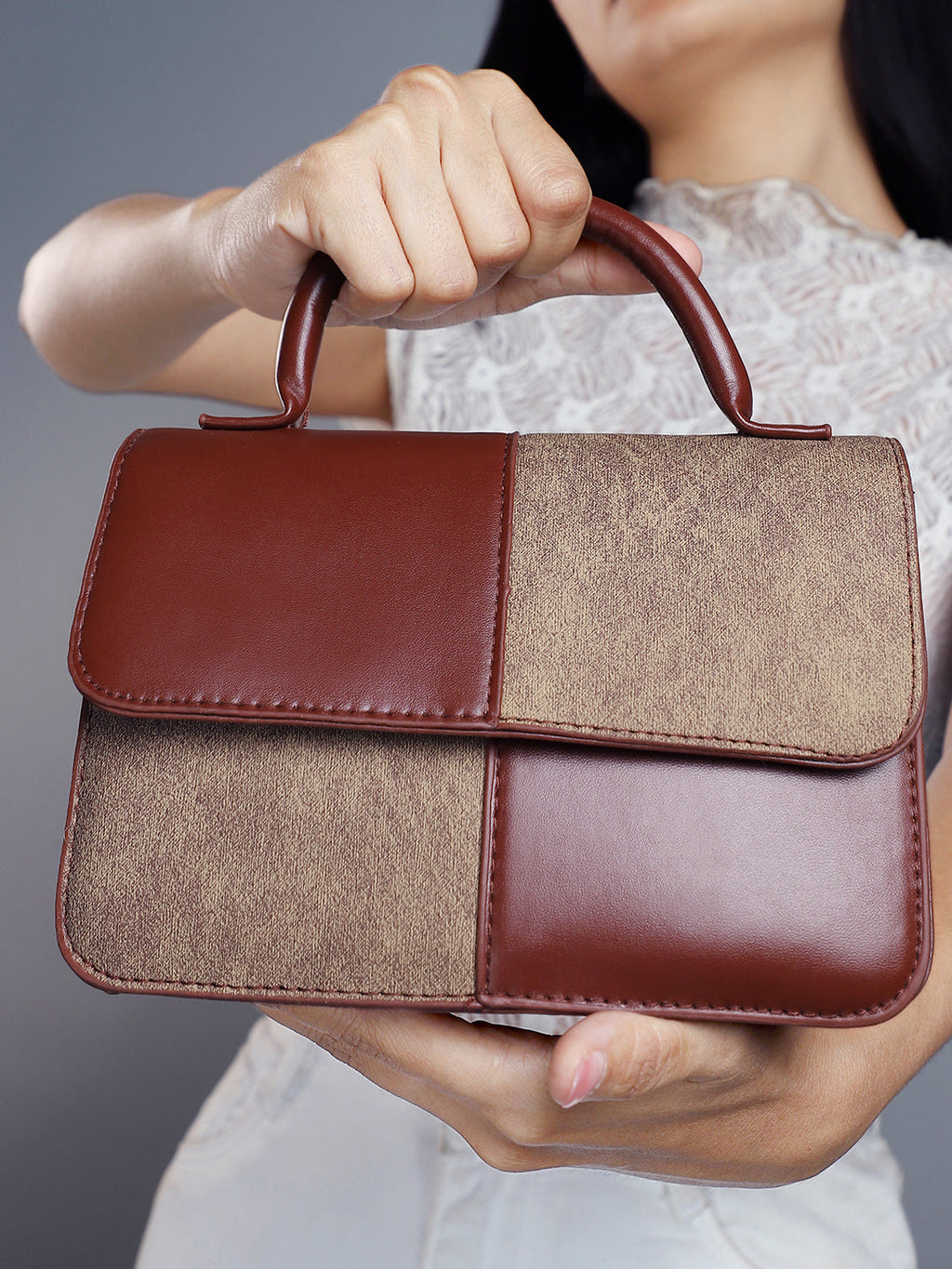 Haute Sauce The Check-Block Hand Bag - Tan brown
