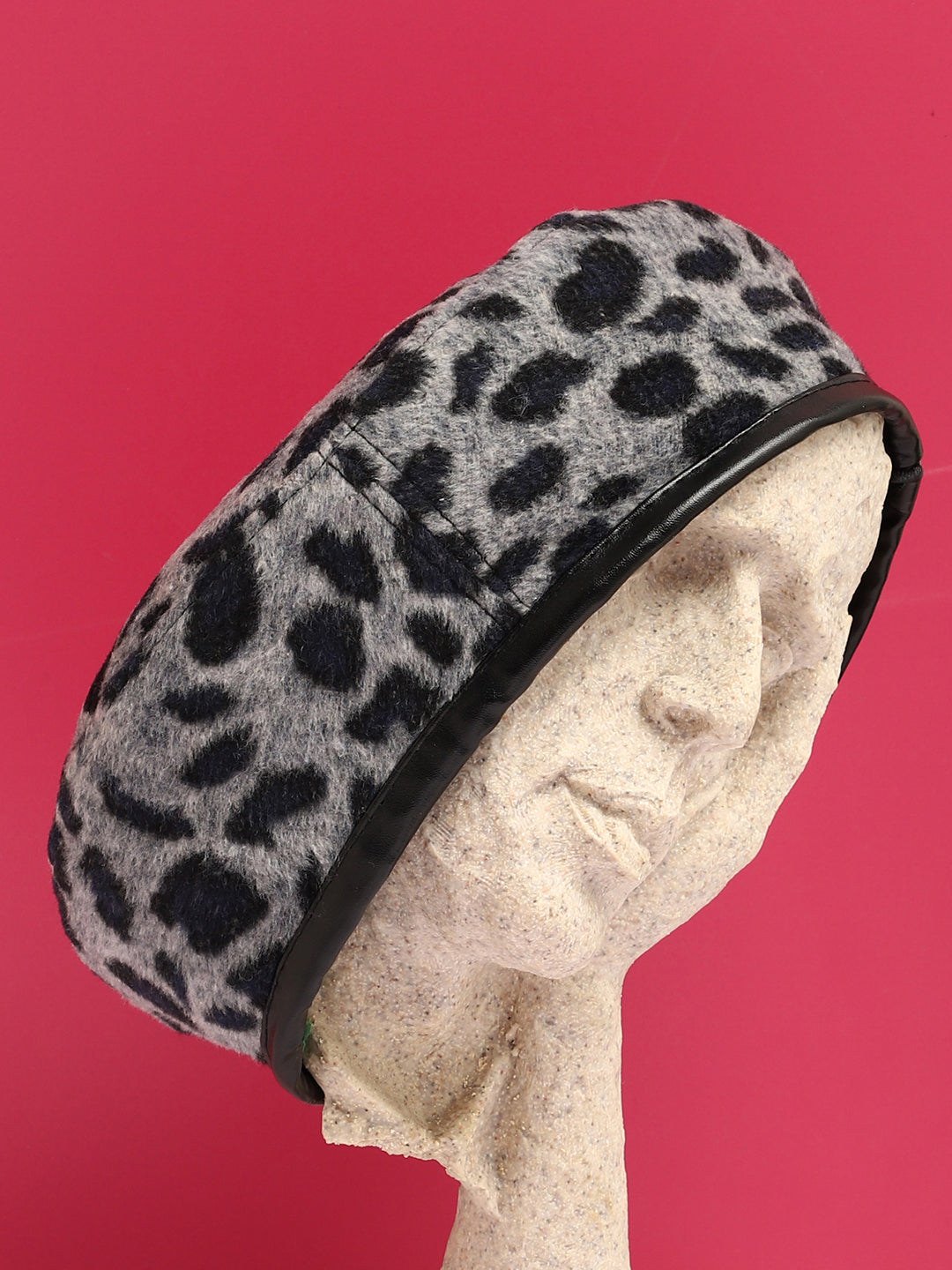Black & Grey Animal Textured Faux Fur Beret Hat
