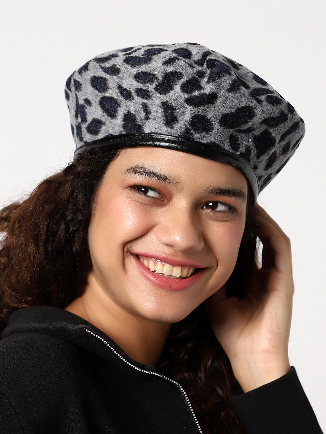 Black & Grey Animal Textured Faux Fur Beret Hat