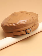 Brown Solid Vegan Leather Beret Hat With Buckle Detail