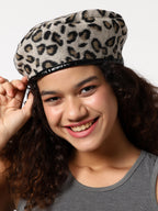 Beige Leopard Textured Faux Fur Beret Hat
