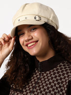 White Solid Bakerboy Cap With Buckle Detail