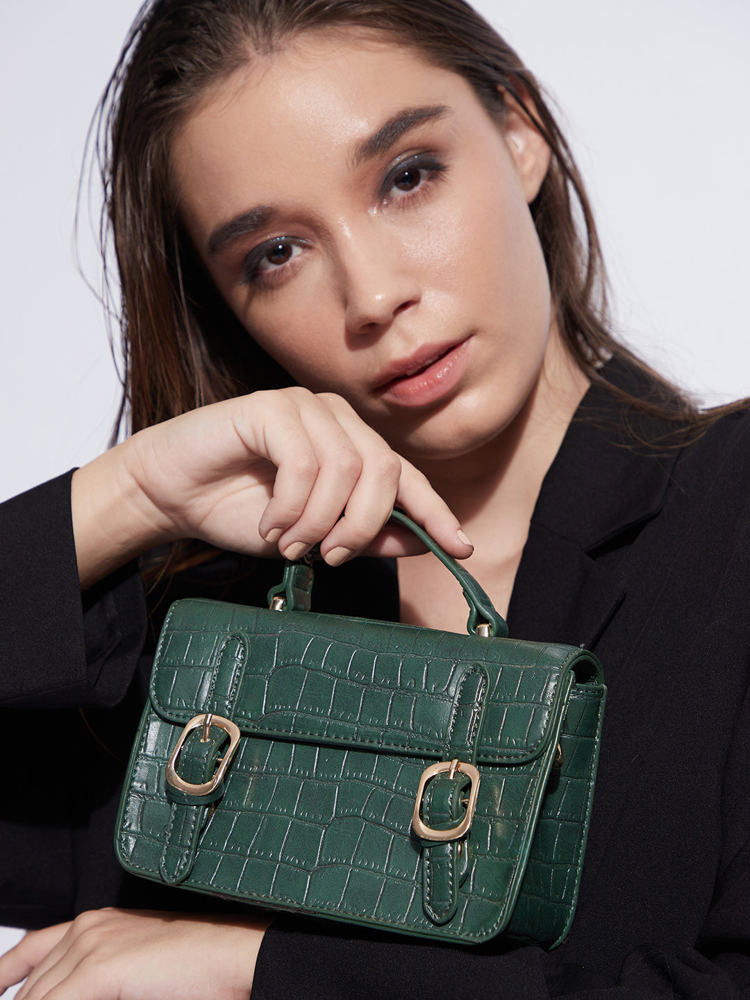 Green Textured Vegan Leather Handbag