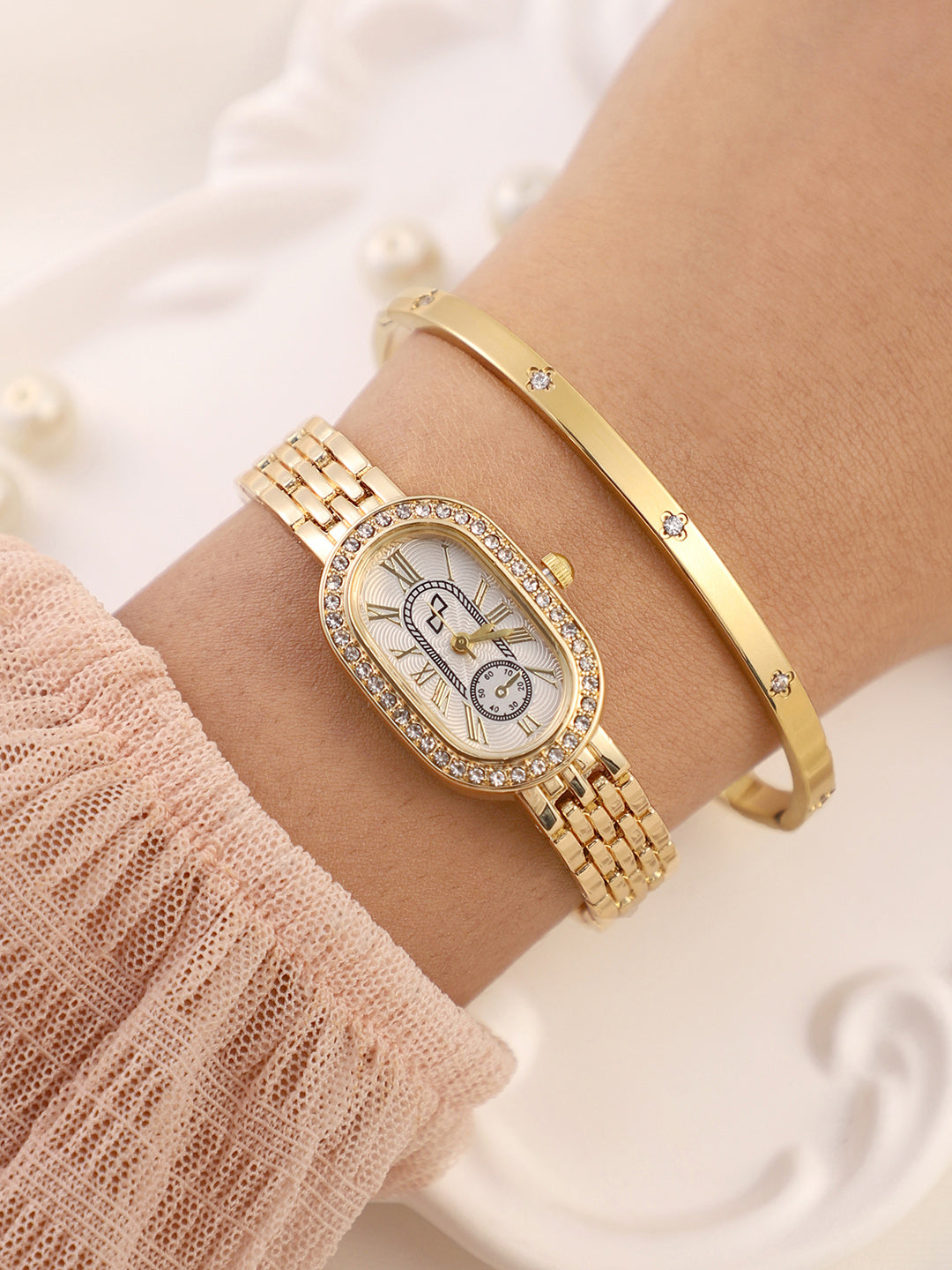 Haute Sauce The-Embellished-Roman-Oval-Watch-With-Bracelet-Combo