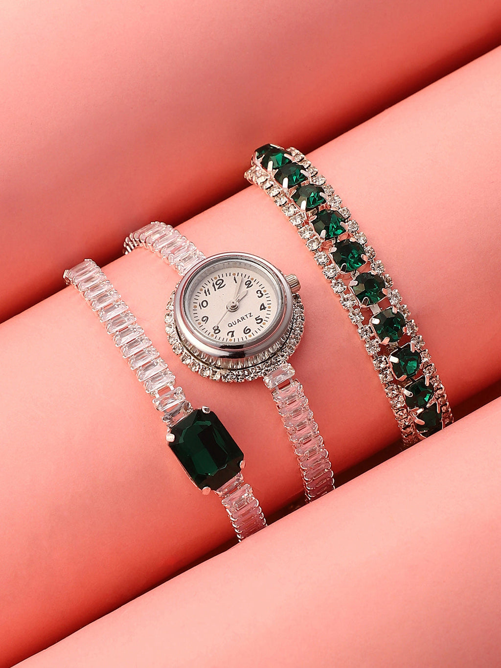 Haute Sauce The-Crystalized-Wrap-Round-Watch-(Emerald-Green-Stone)-With-Bracelet-Combo