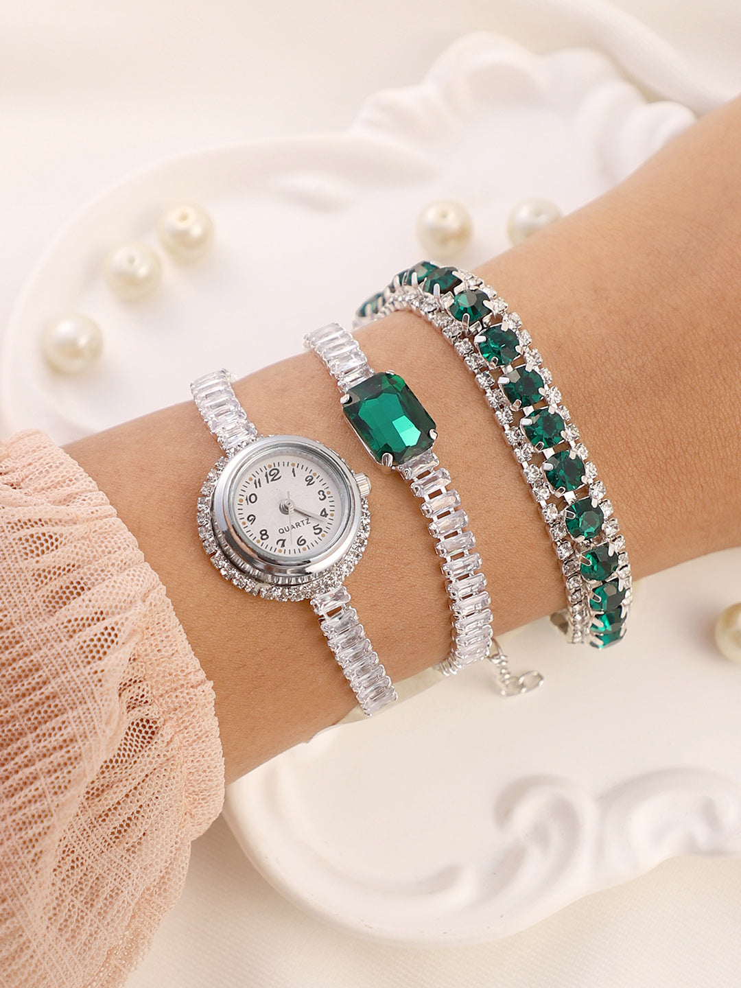 Haute Sauce The-Crystalized-Wrap-Round-Watch-(Emerald-Green-Stone)-With-Bracelet-Combo