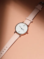 Women's Round Dial Watch With Vegan Leather Strap - Baby Pink
