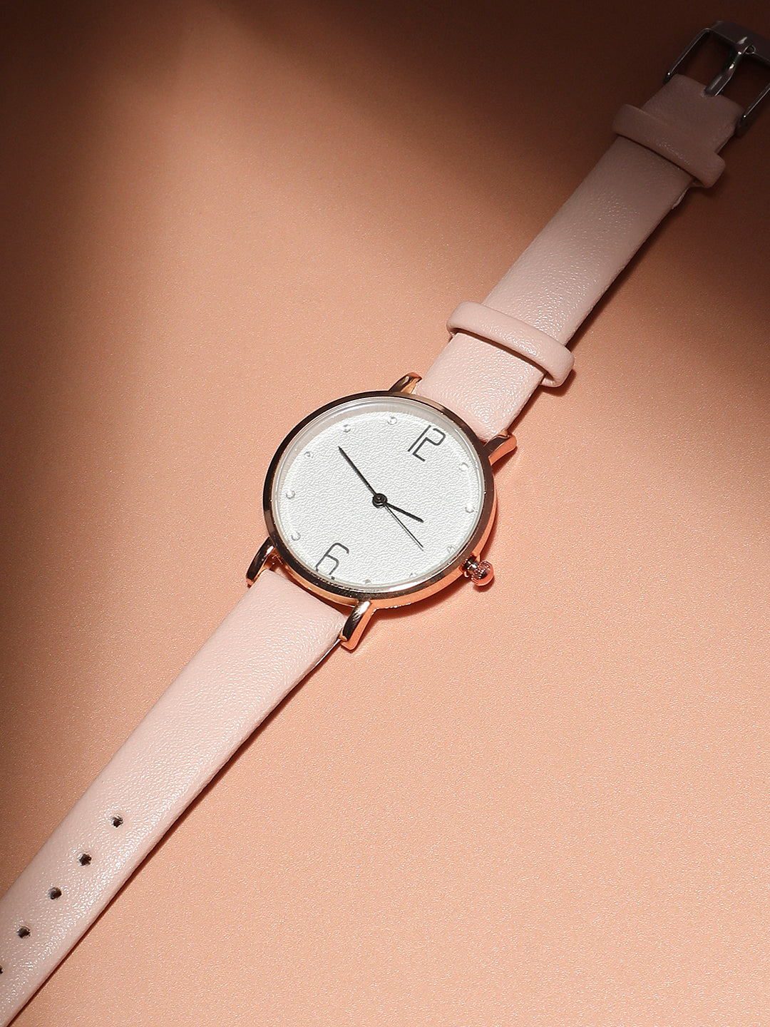 Women's Round Dial Watch With Vegan Leather Strap - Baby Pink