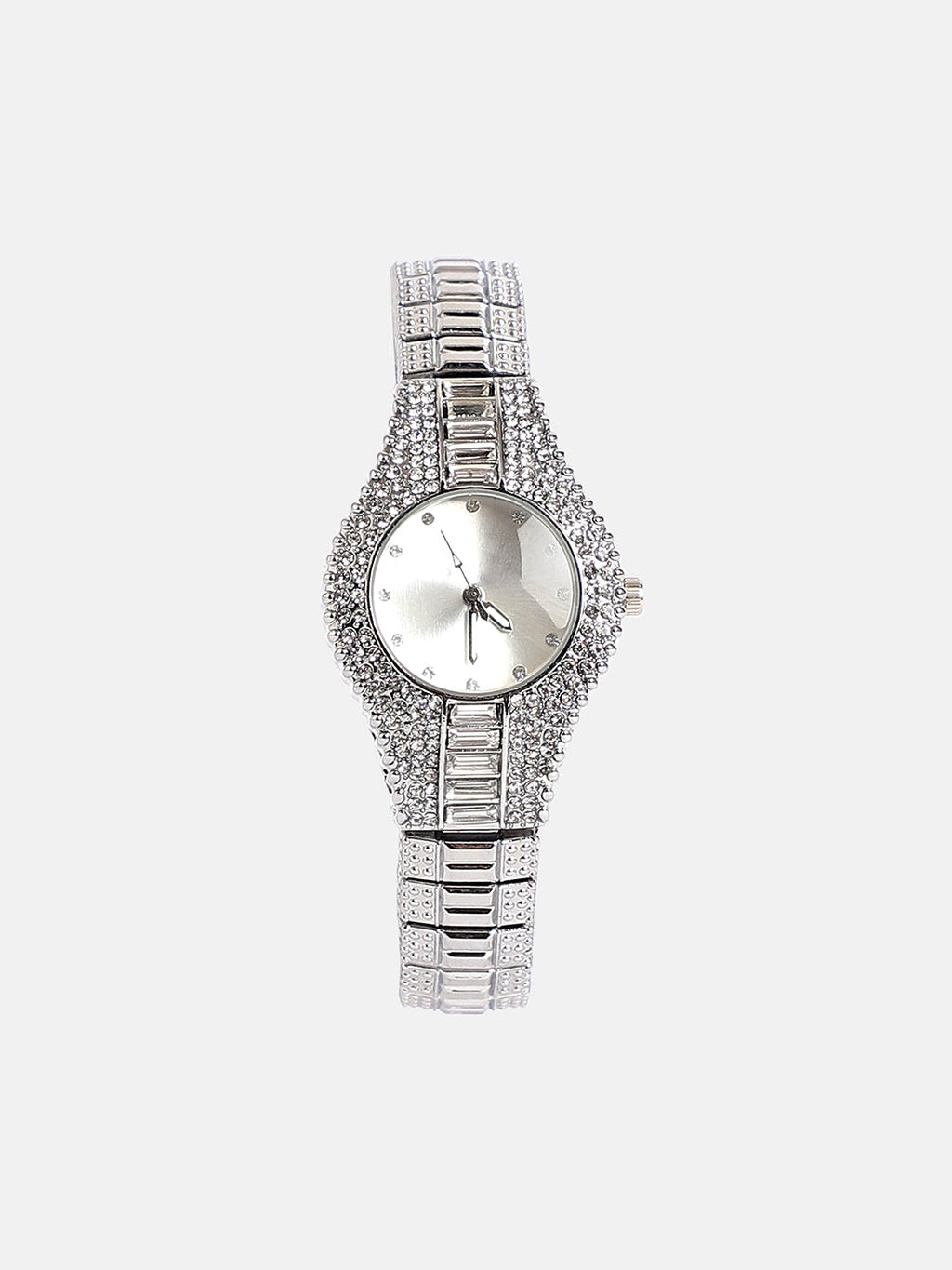 The Embellished Round Watch - Metallic Silver