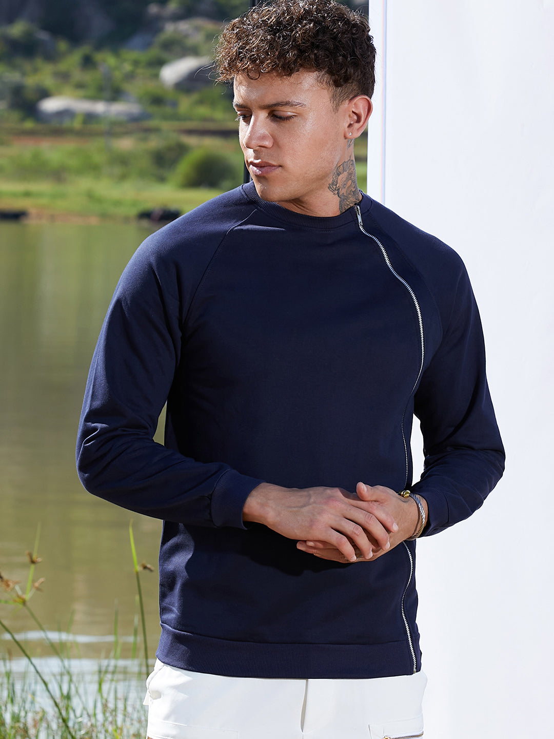 Campus Sutra Sweatshirt With Asymmetriclal Zip
