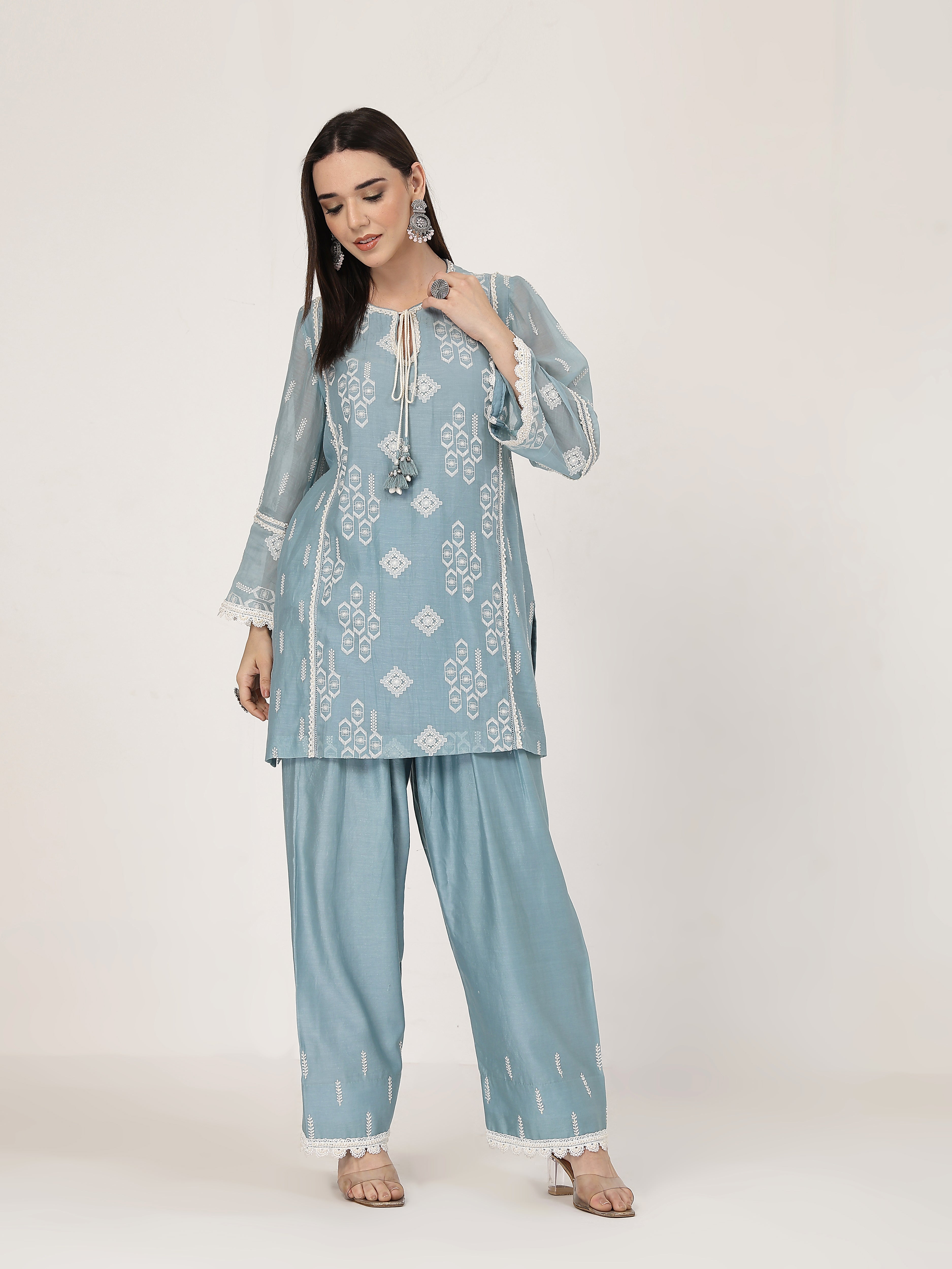 ShopKapaas Ocean Blue Lace Set - Without Dupatta