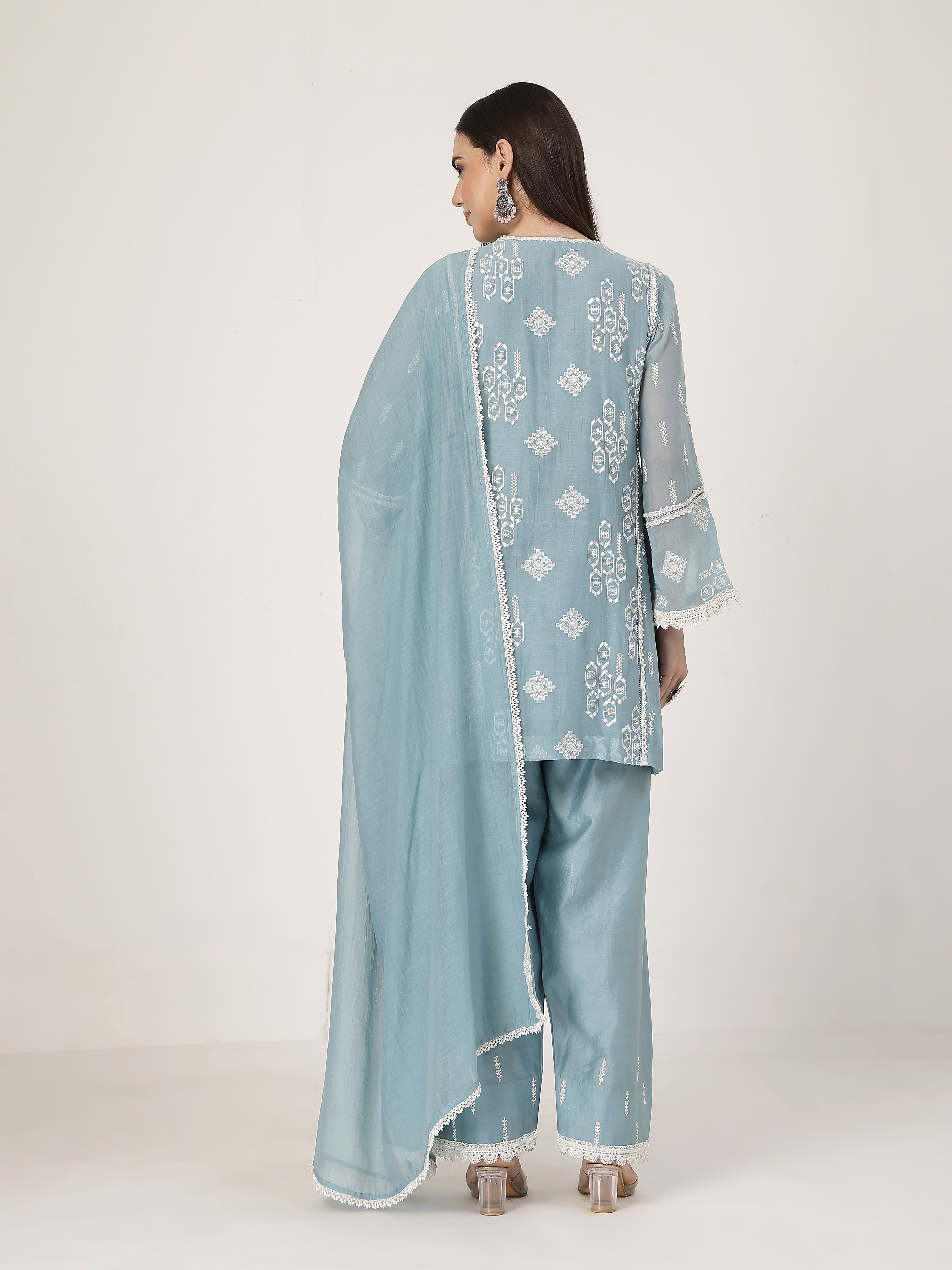 ShopKapaas Ocean Blue Lace Set - Without Dupatta