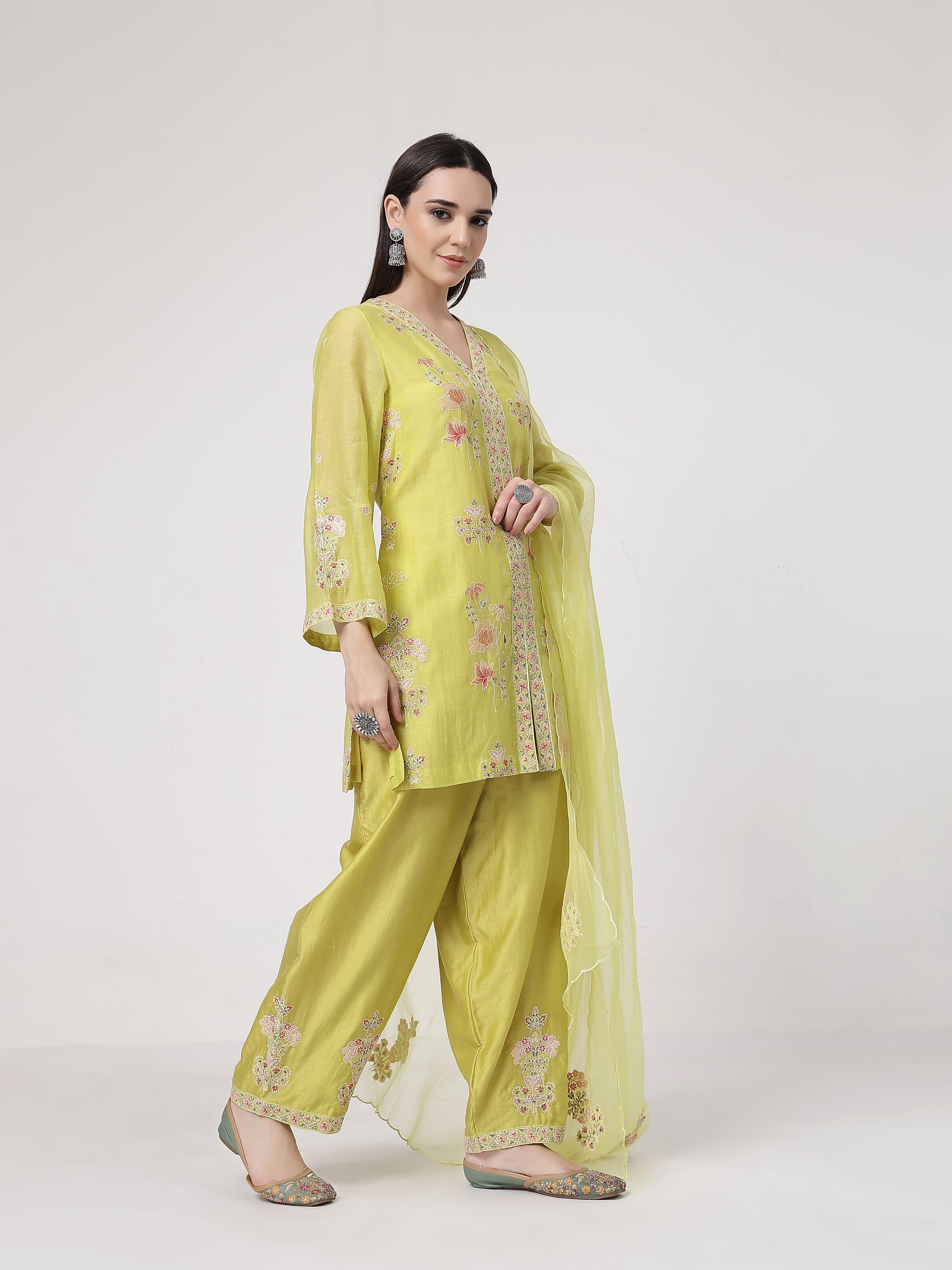 ShopKapaas Lime Green A-line Suit Set - Without Dupatta