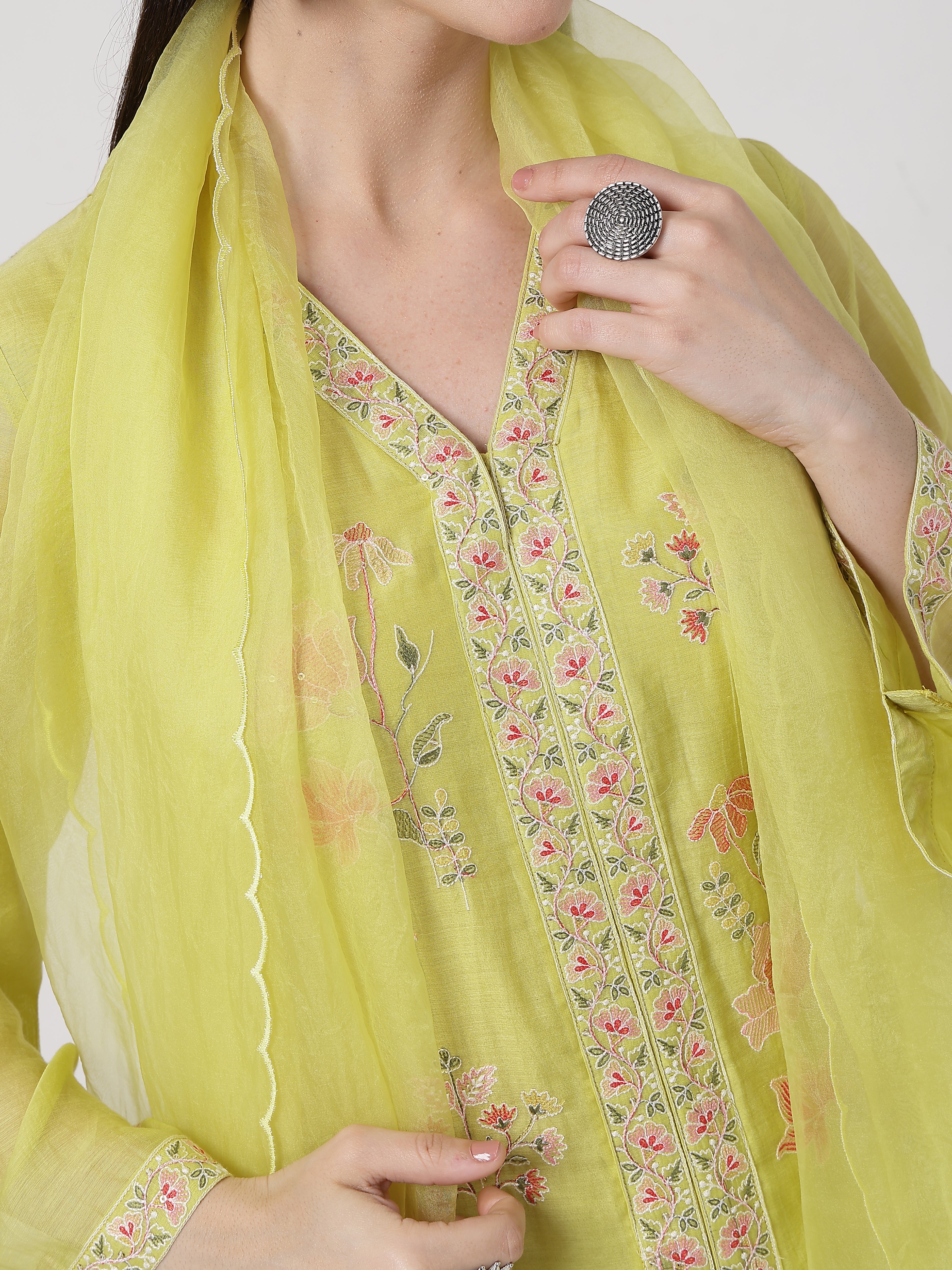 ShopKapaas Lime Green A-line Suit Set - With Dupatta