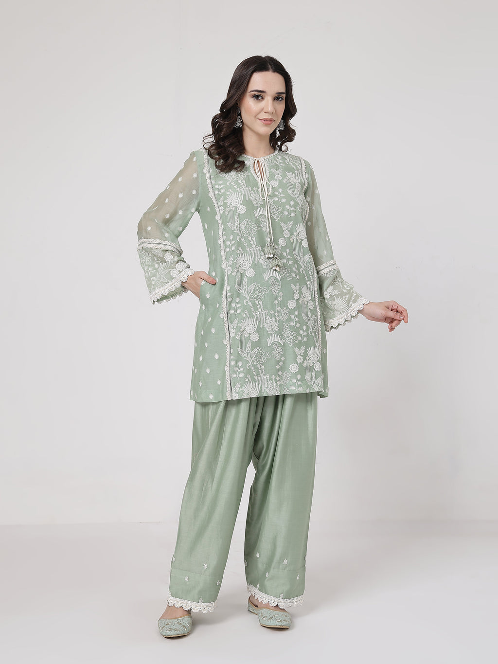 ShopKapaas Sage Green Lace Set - Without Dupatta