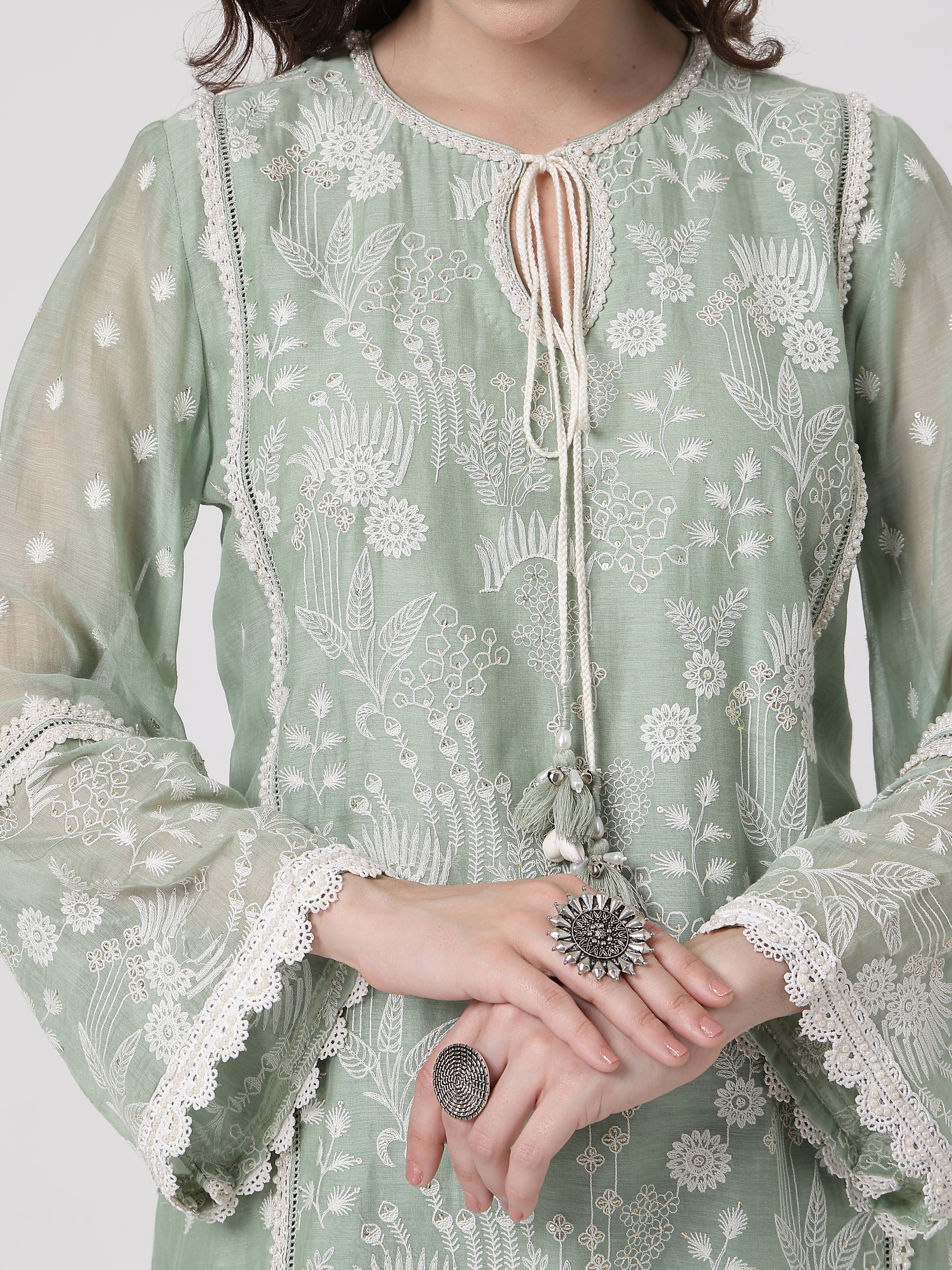 ShopKapaas Sage Green Lace Set - Without Dupatta