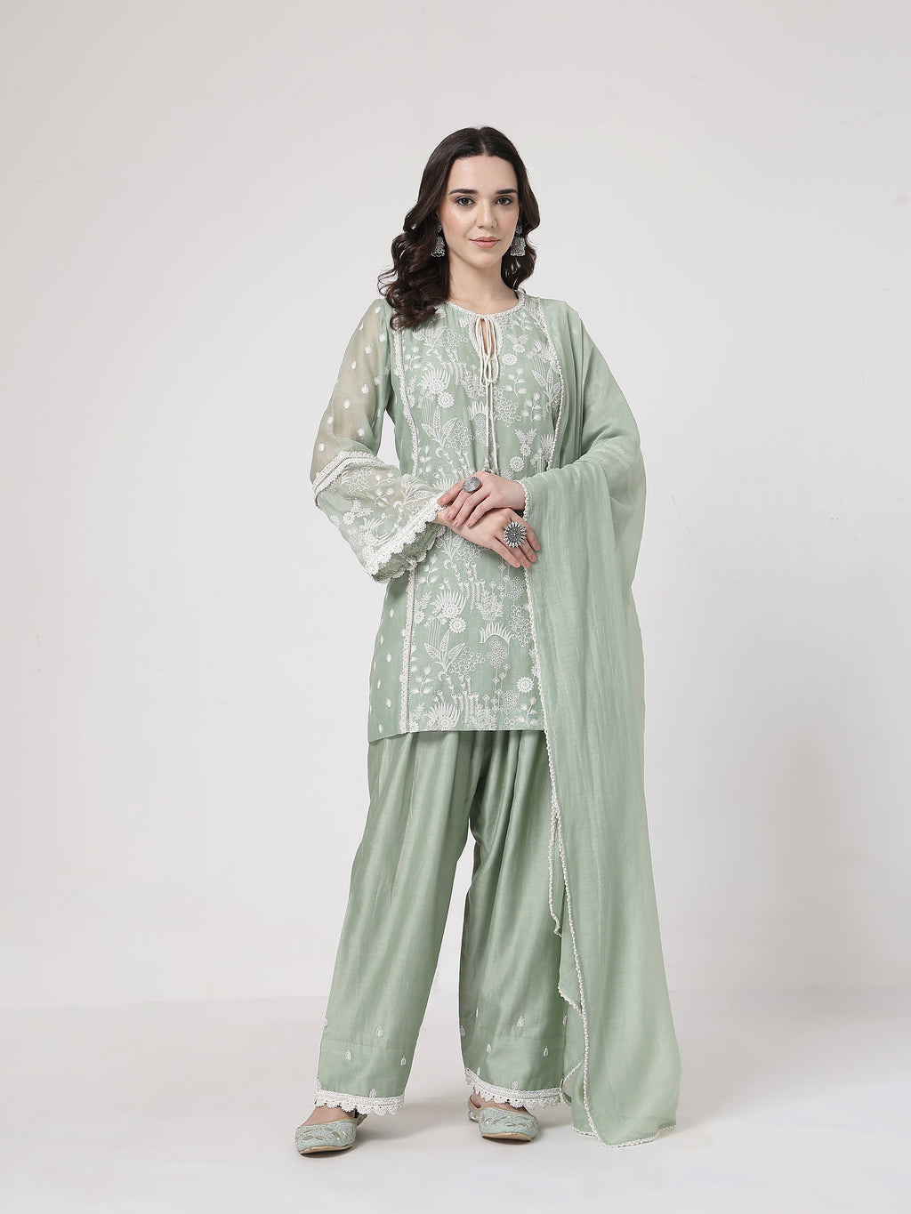 ShopKapaas Sage Green Lace Set - With Dupatta