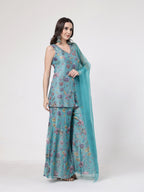 ShopKapaas Turqouise Floral Sharara Set - With Dupatta