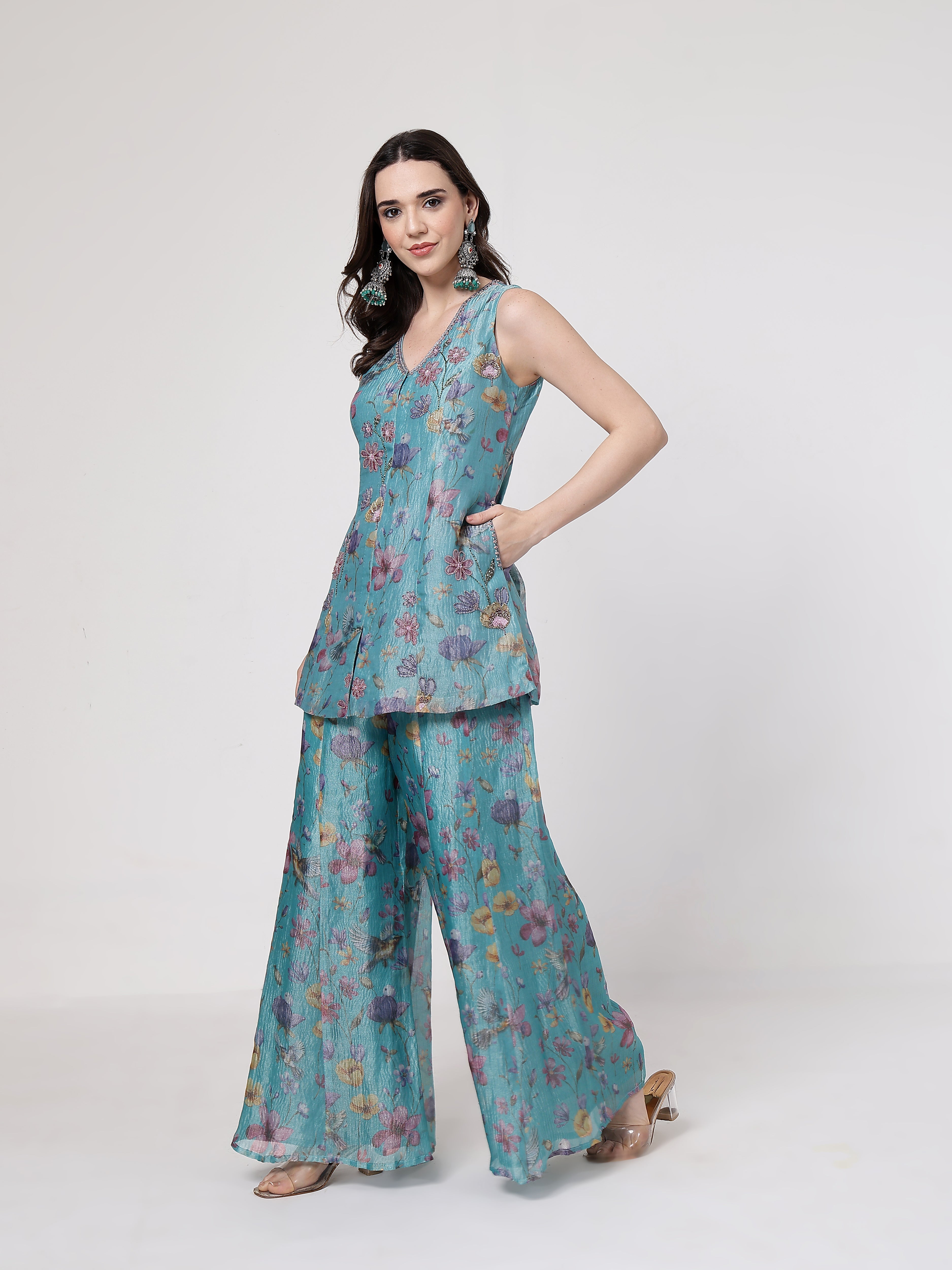 ShopKapaas Turqouise Floral Sharara Set - With Dupatta