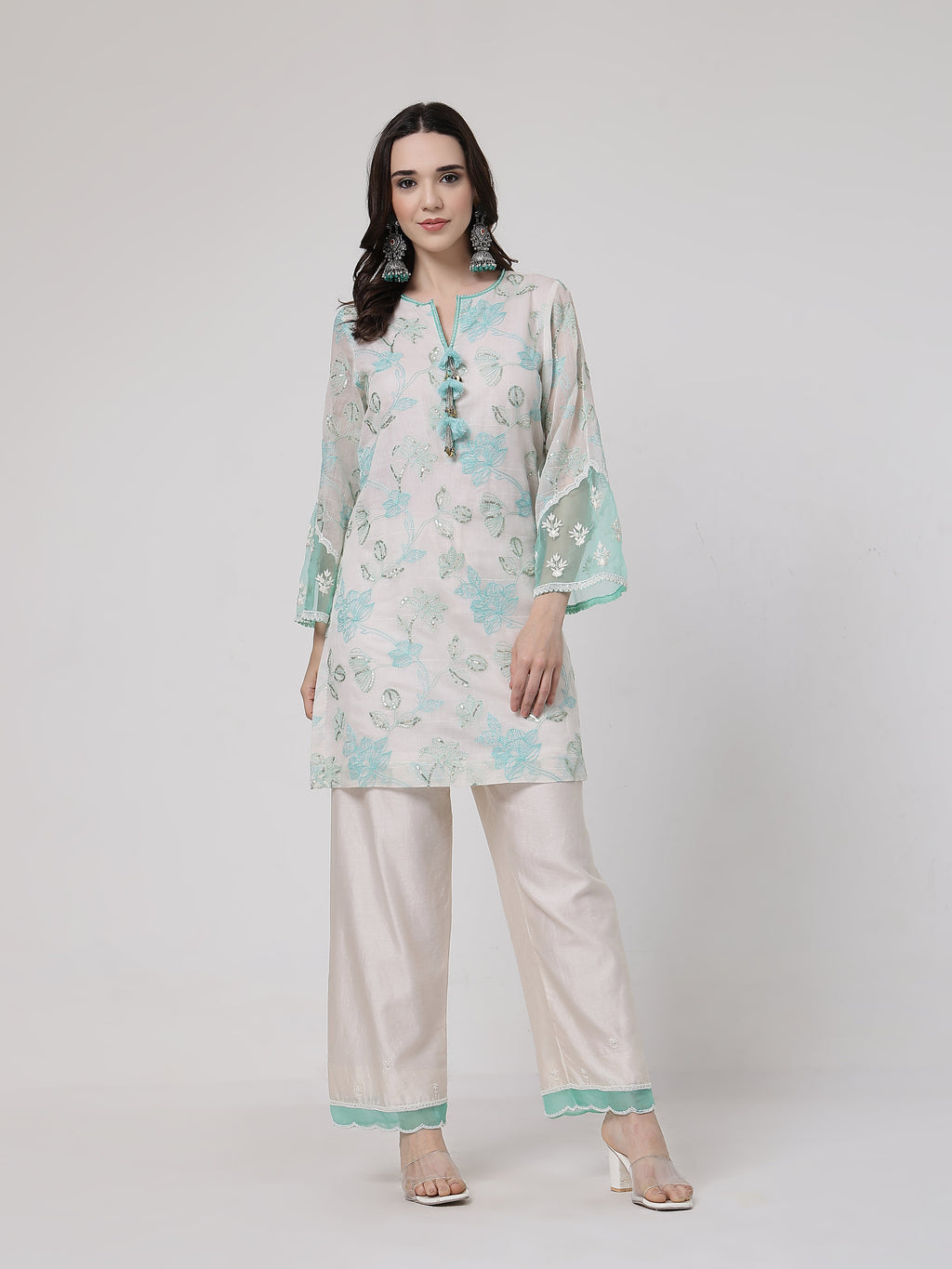 ShopKapaas Mint Green Tassels Kurta Set - With Dupatta