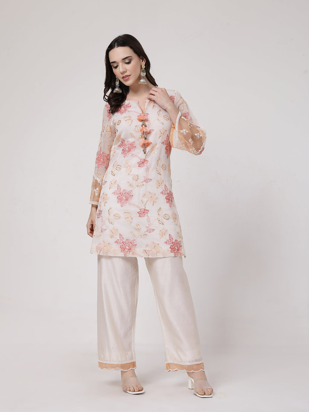 ShopKapaas Peach Tassels Kurta Set - With Dupatta
