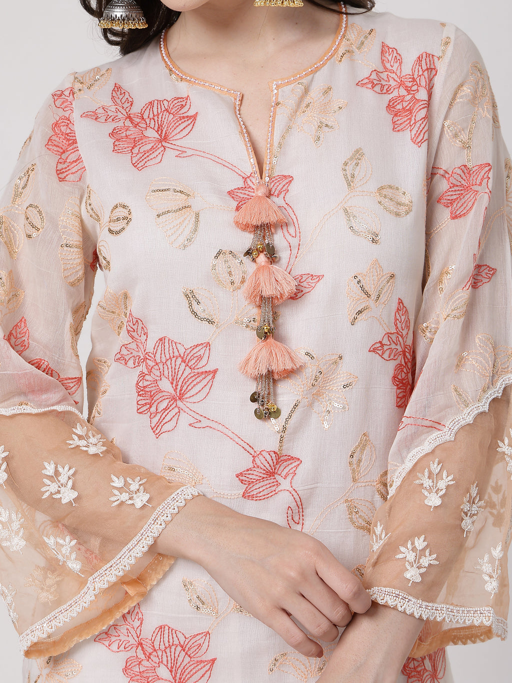 ShopKapaas Peach Tassels Kurta Set - With Dupatta