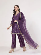 ShopKapaas Violet Embroidered Suit Set - With Dupatta