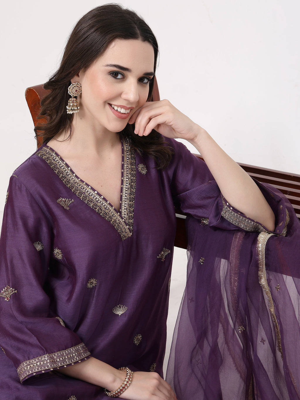 ShopKapaas Violet Embroidered Suit Set - With Dupatta