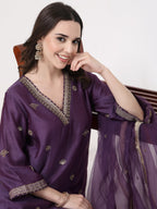 ShopKapaas Violet Embroidered Suit Set - With Dupatta