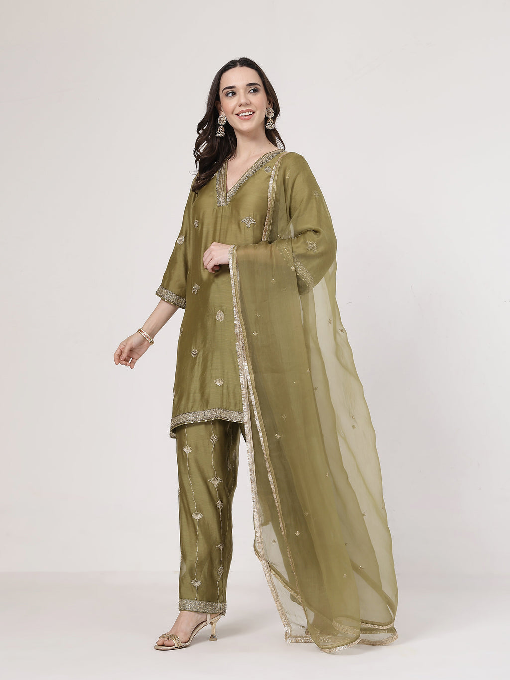 ShopKapaas Olive Green Embroidered Suit Set - With Dupatta