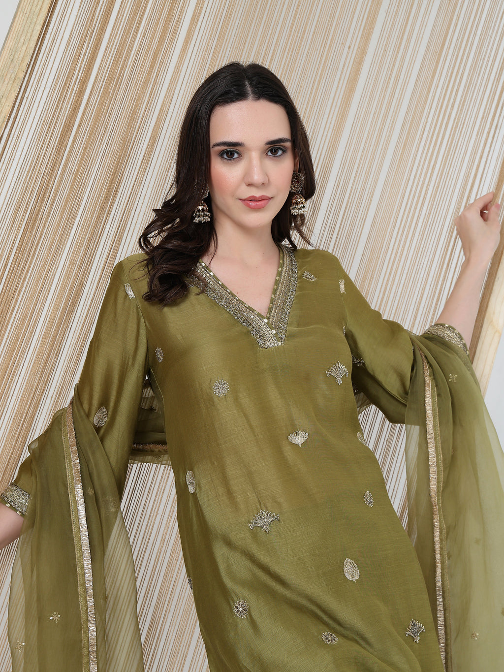 ShopKapaas Olive Green Embroidered Suit Set - With Dupatta