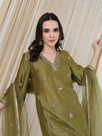 ShopKapaas Olive Green Embroidered Suit Set - With Dupatta