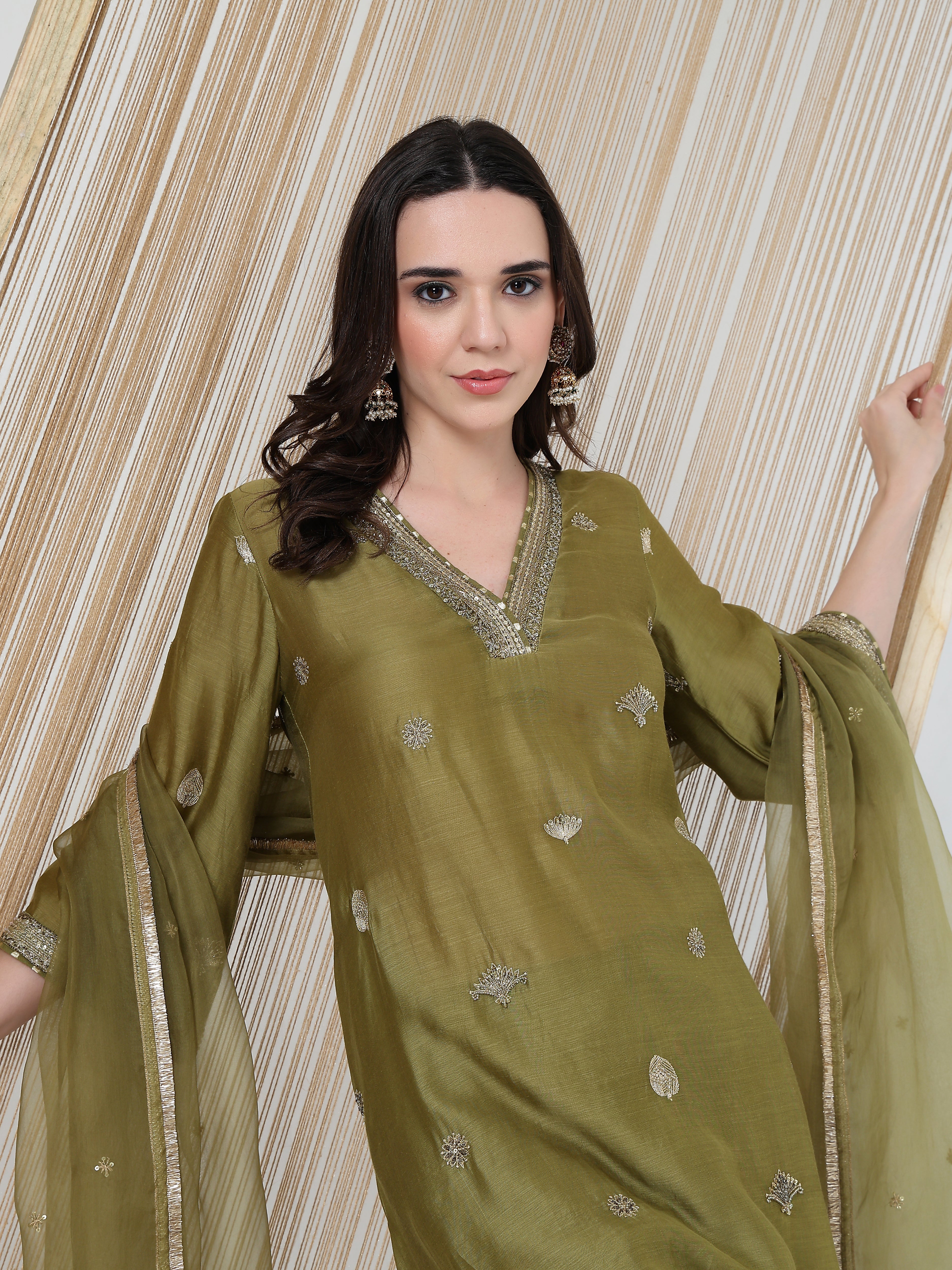 ShopKapaas Olive Green Embroidered Suit Set - With Dupatta
