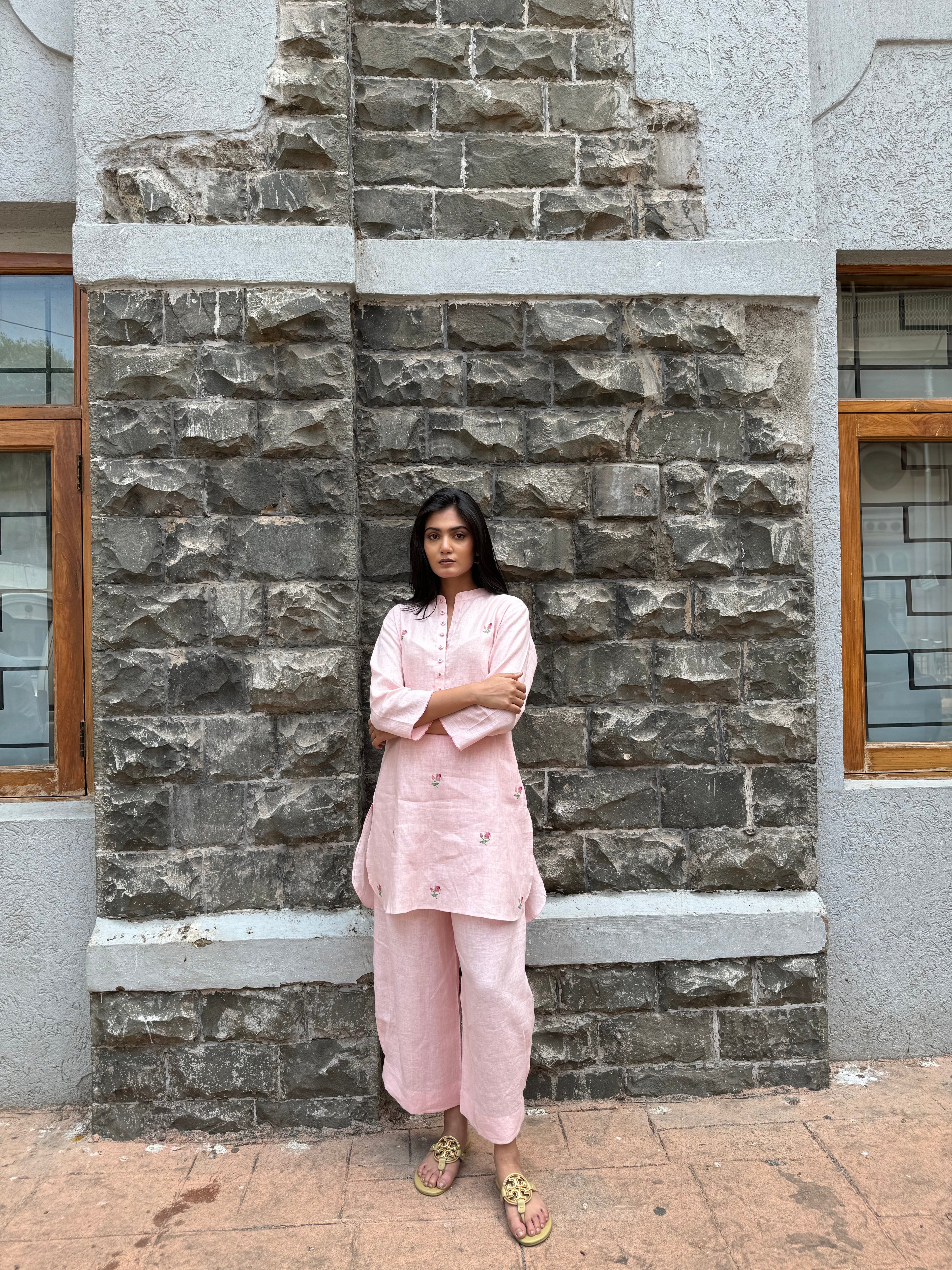 ShopKapaas Pink Floral Embroidered Linen Co-ord Set - Set