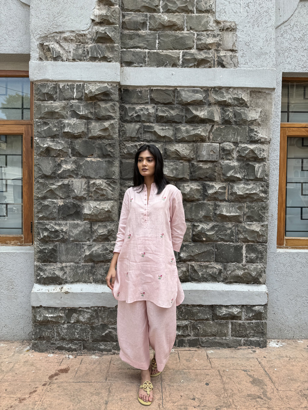 ShopKapaas Pink Floral Embroidered Linen Co-ord Set - Pants Only