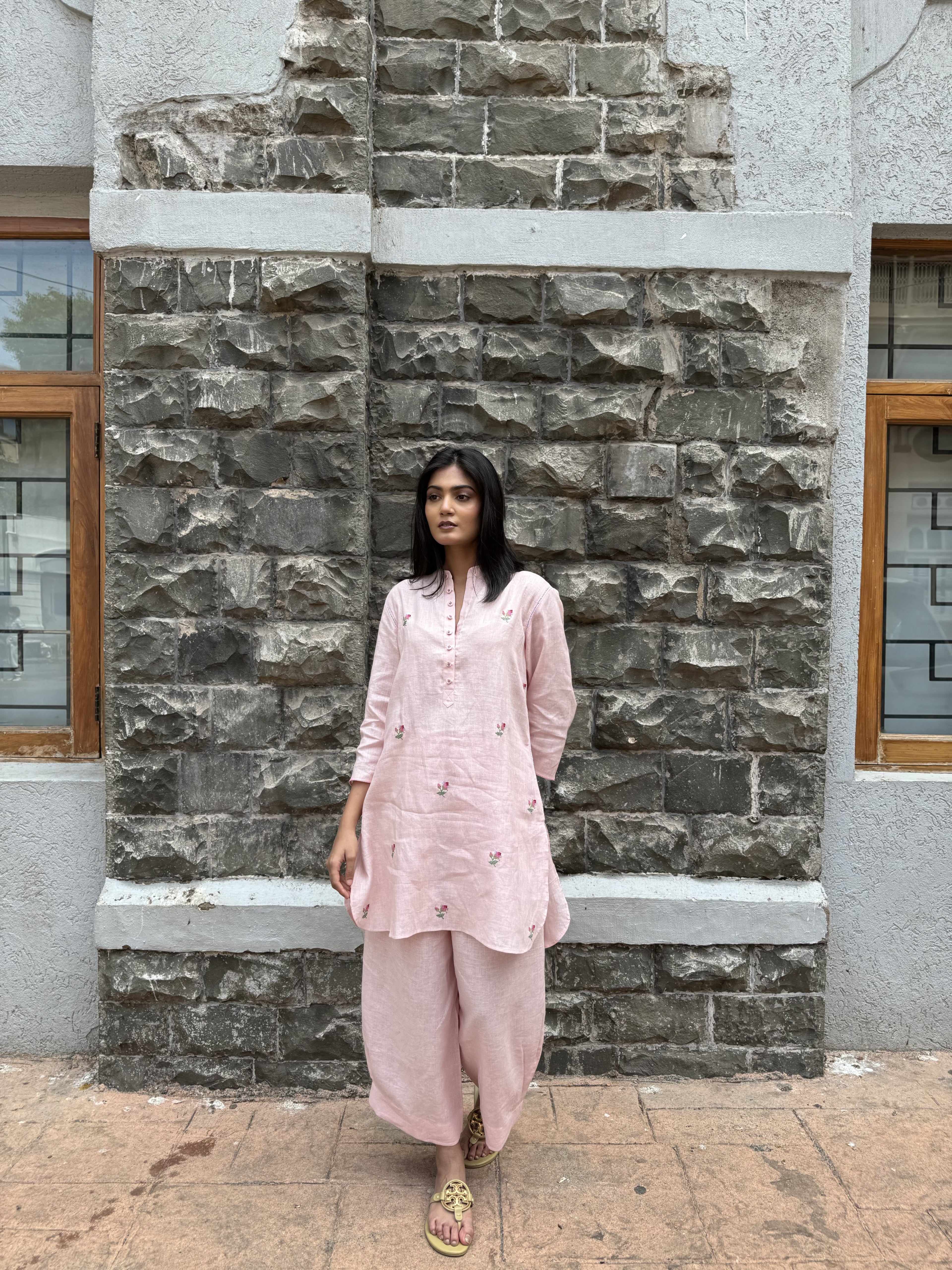 ShopKapaas Pink Floral Embroidered Linen Co-ord Set - Pants Only