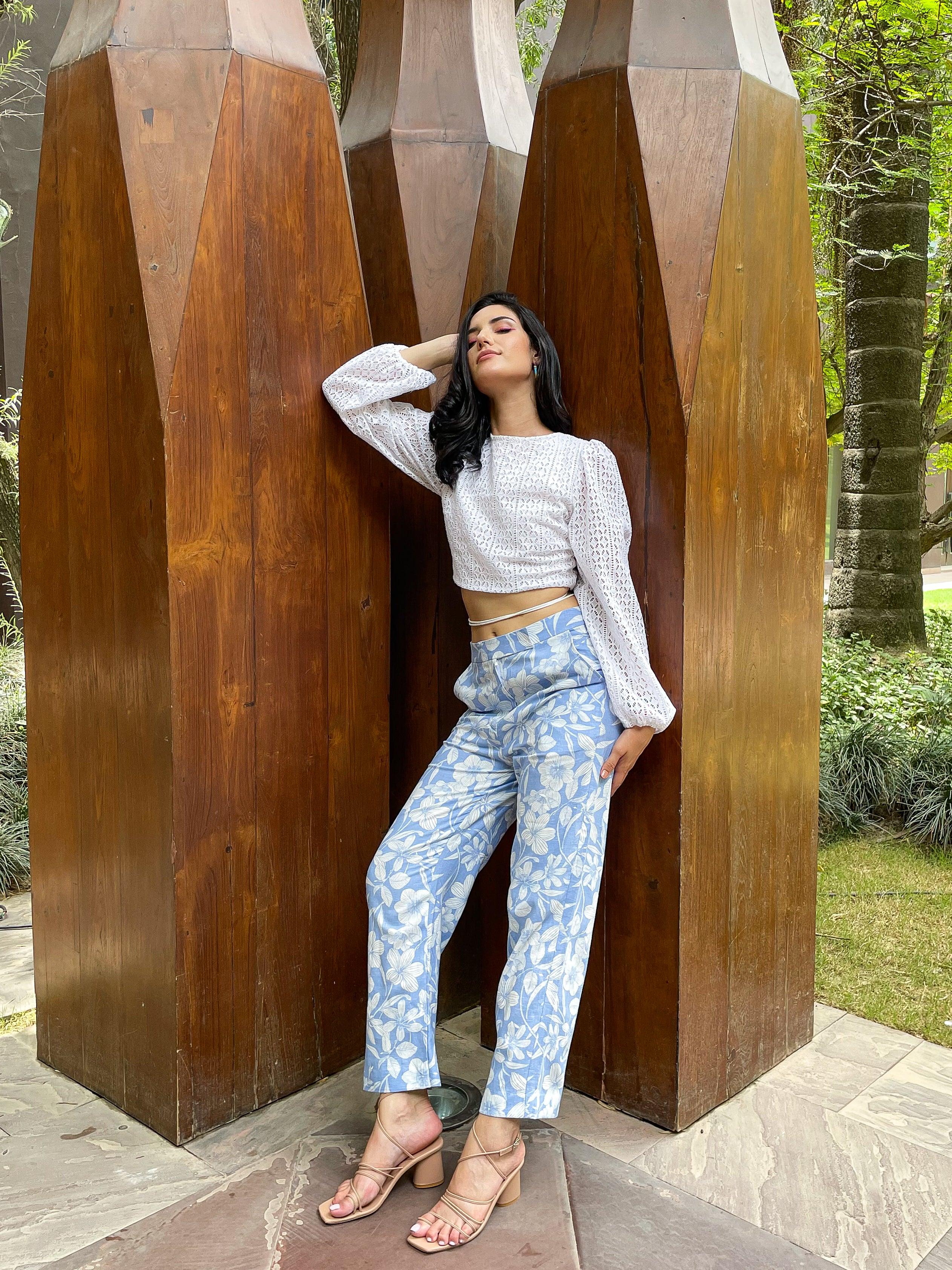ShopKapaas Sky Blue Floral Linen Co-ord Set - Set
