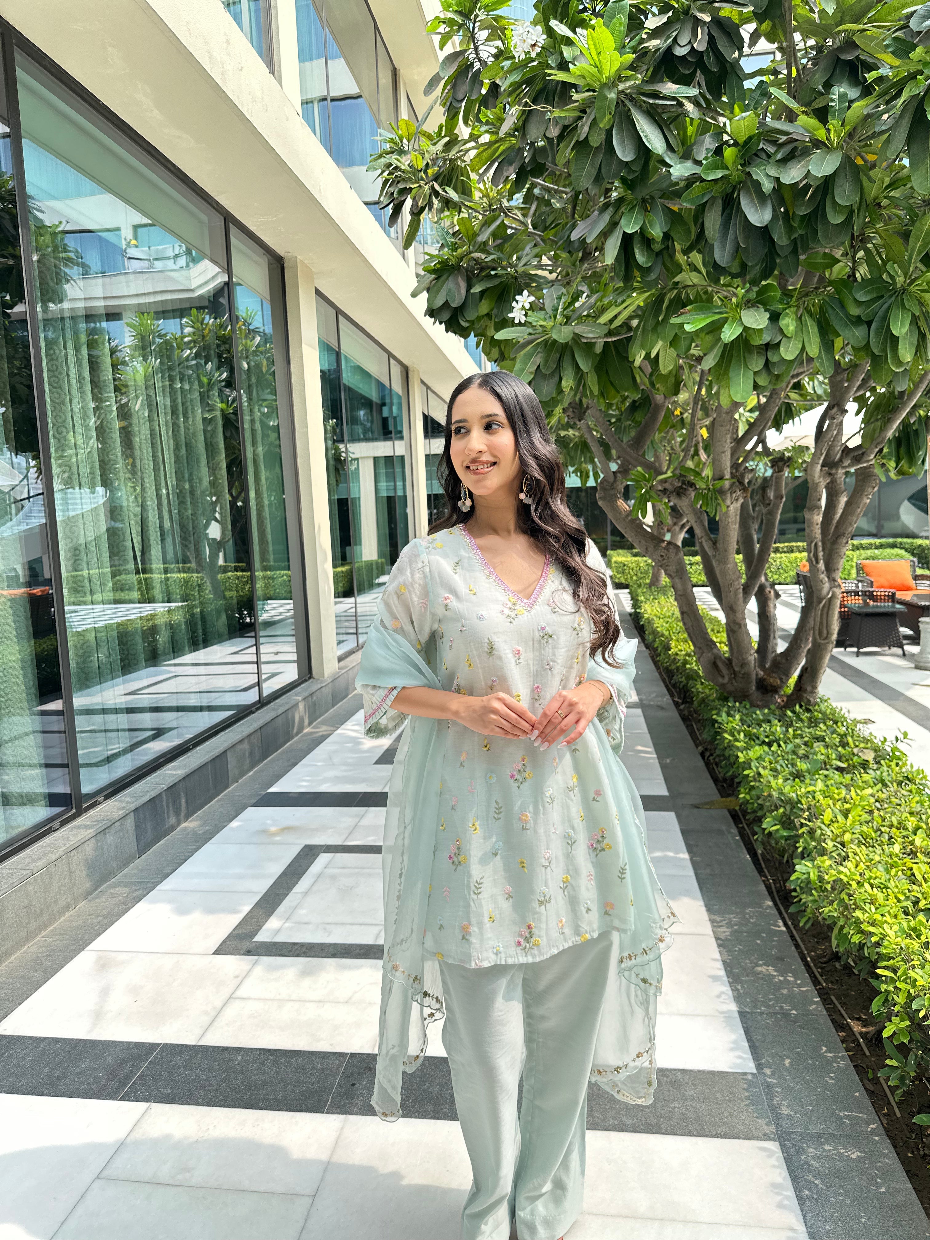 ShopKapaas Mint Blue A-line Set - Without Dupatta