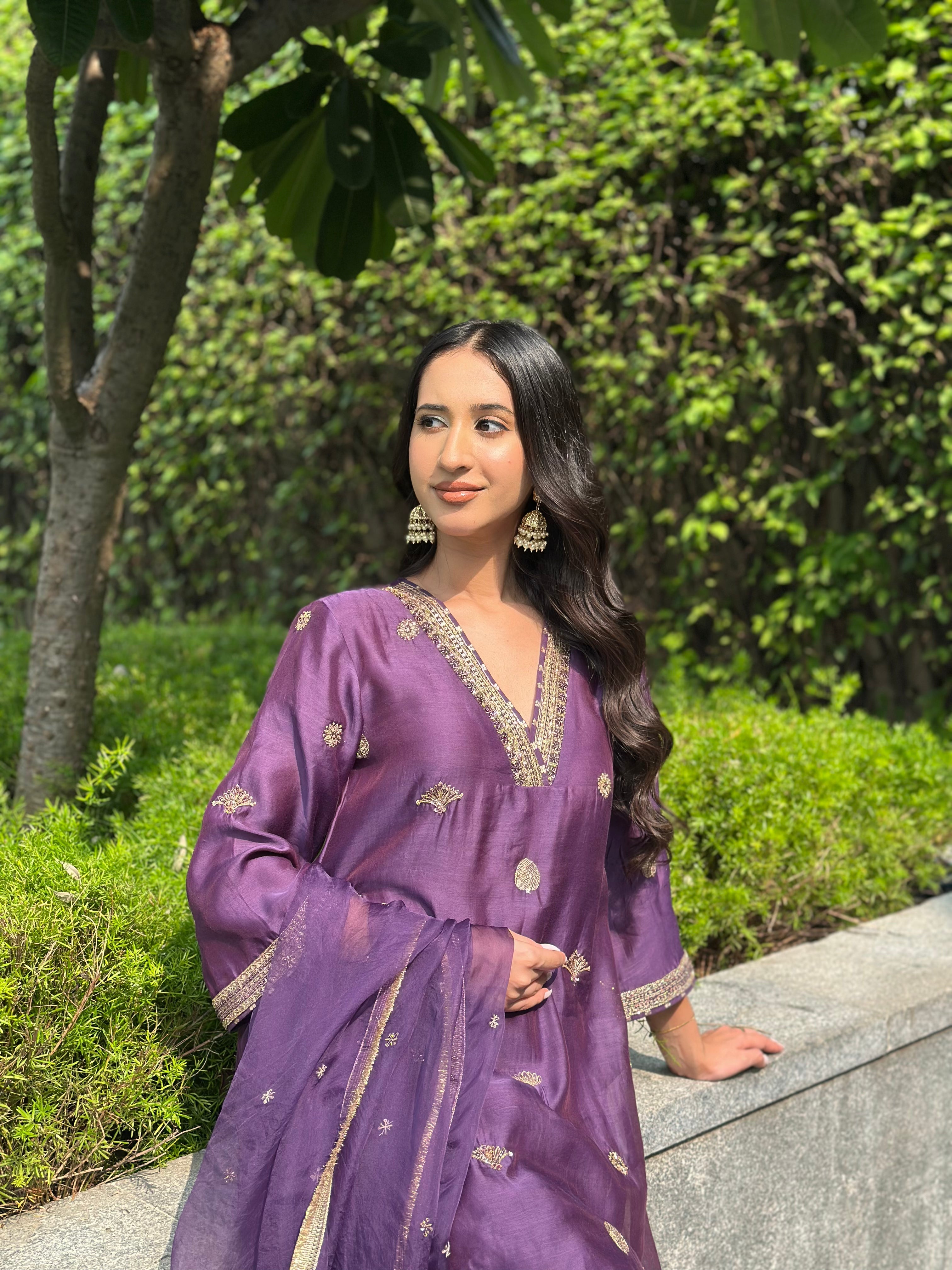 ShopKapaas Violet Embroidered Suit Set - Without Dupatta