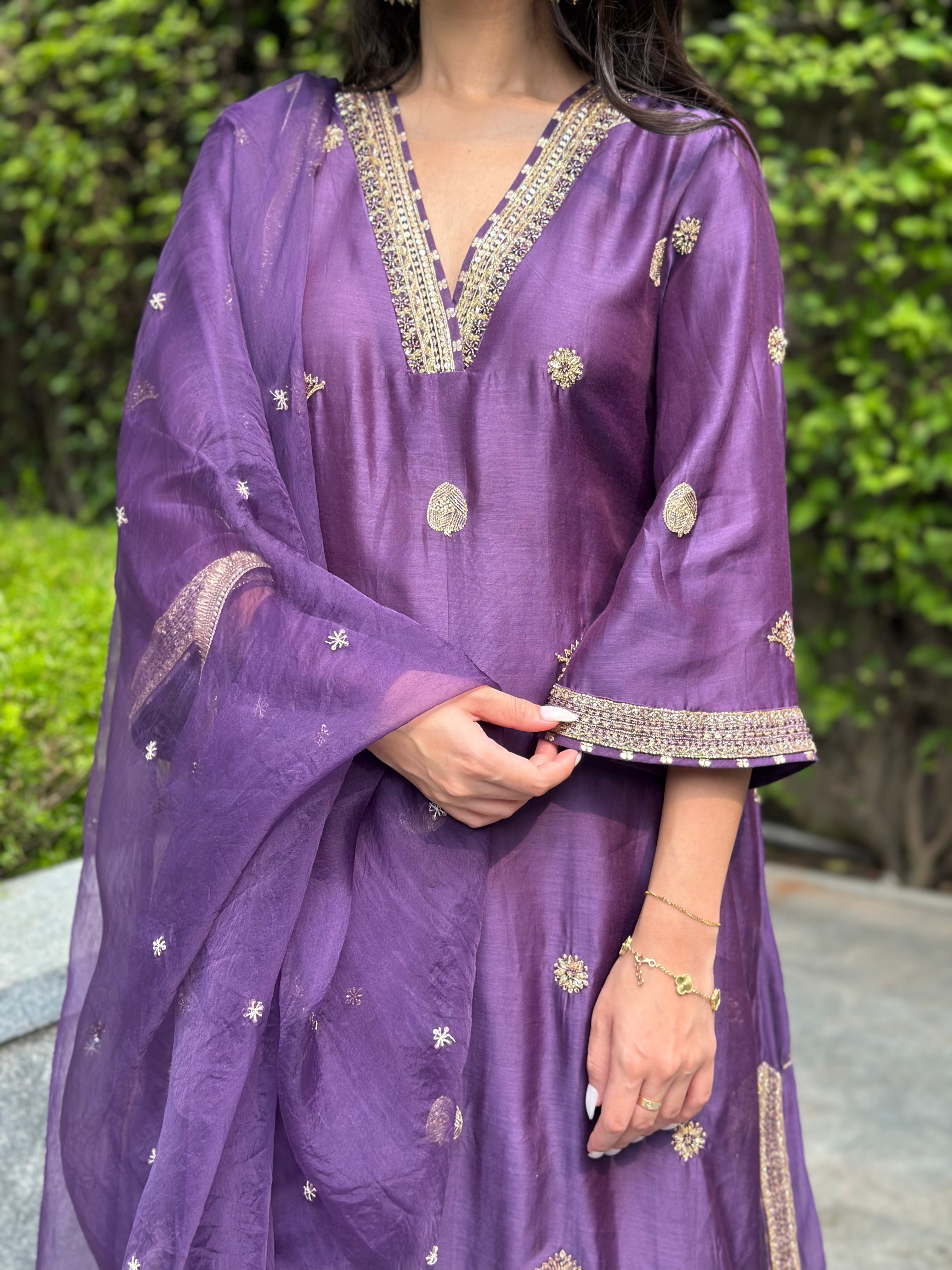 ShopKapaas Violet Embroidered Suit Set - Without Dupatta