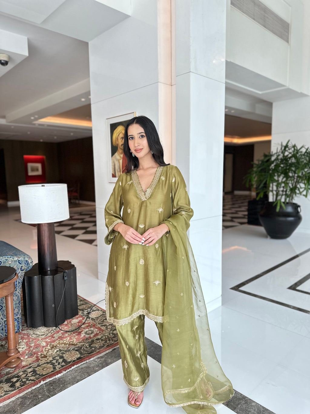 ShopKapaas Olive Green Embroidered Suit Set - Without Dupatta