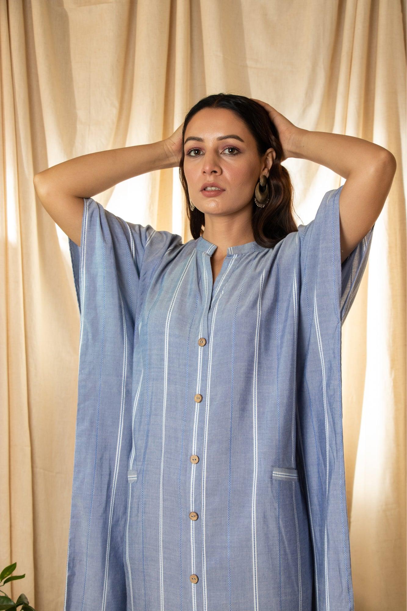 ShopKapaas Powder Blue Woven Button Kaftan