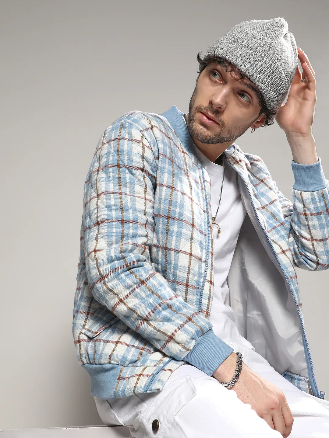 Campus Sutra Tartan Plaid Bomber Jacket