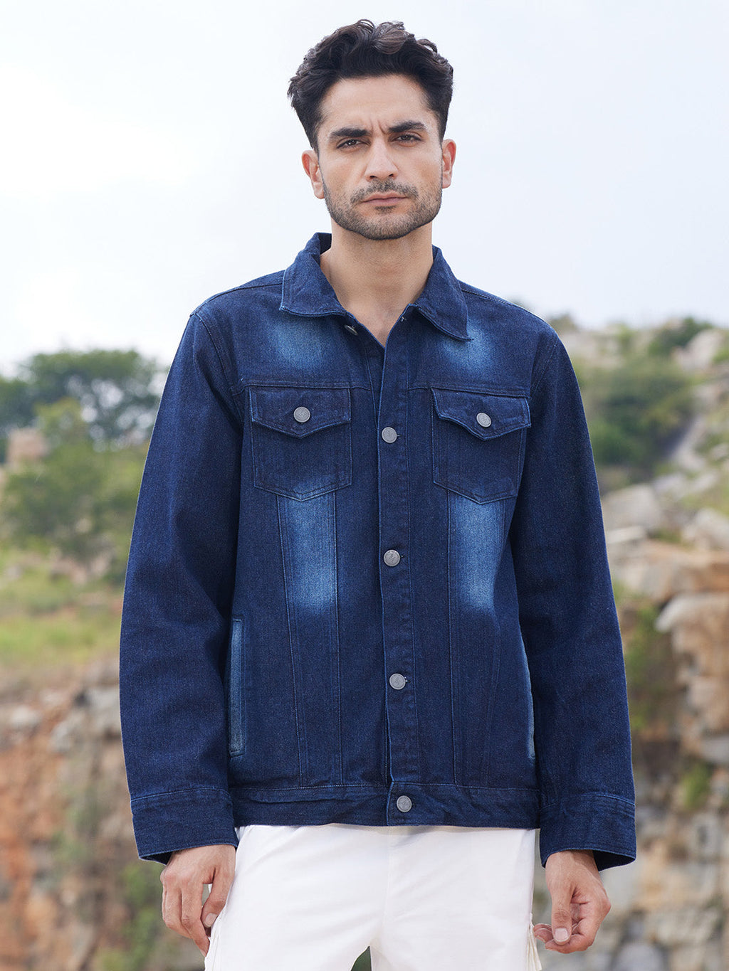 Campus Sutra Men's Dark-Wash Denim Jacket With Button-Closure