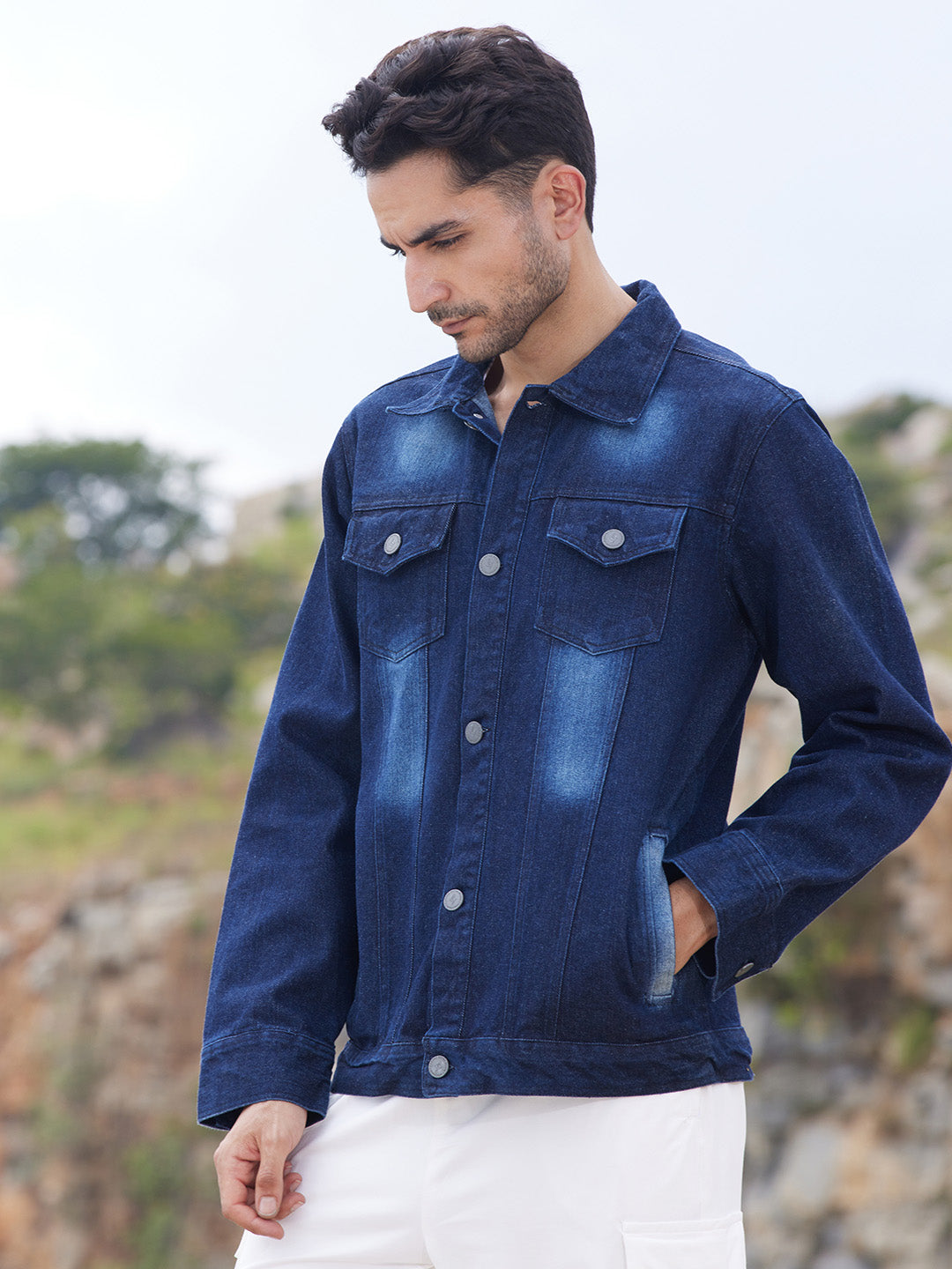Campus Sutra Men's Dark-Wash Denim Jacket With Button-Closure