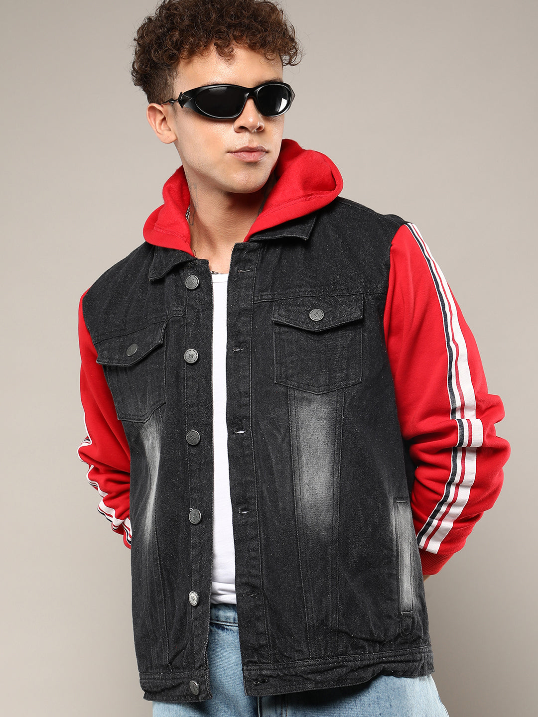 Campus Sutra Dark-Wash Denim Jacket With Sweatshirt Sleeve